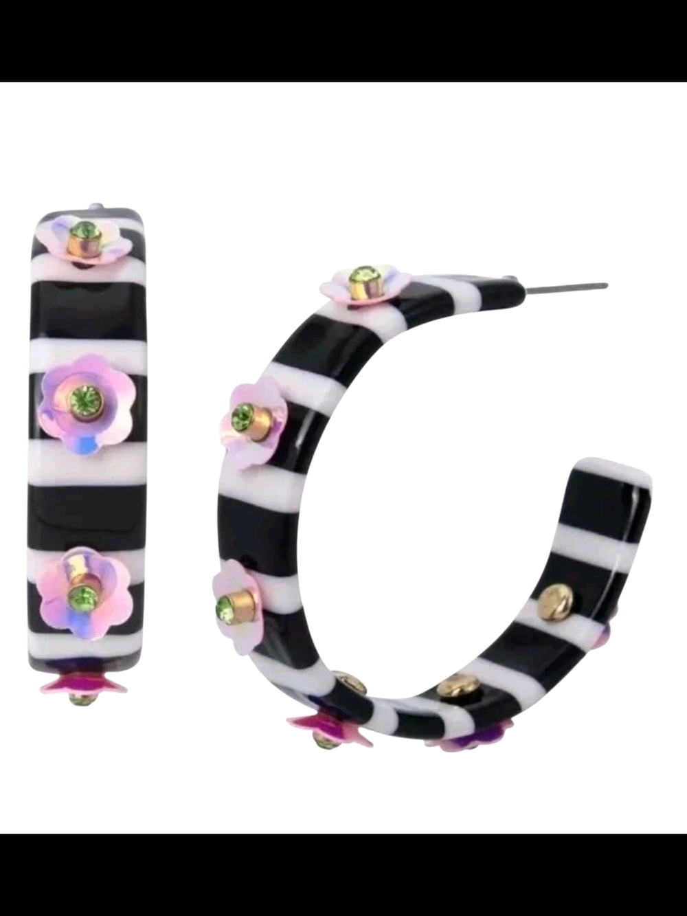 Betsey Johnson Black and White Striped Hoop Earrings with Pink Flower Accents